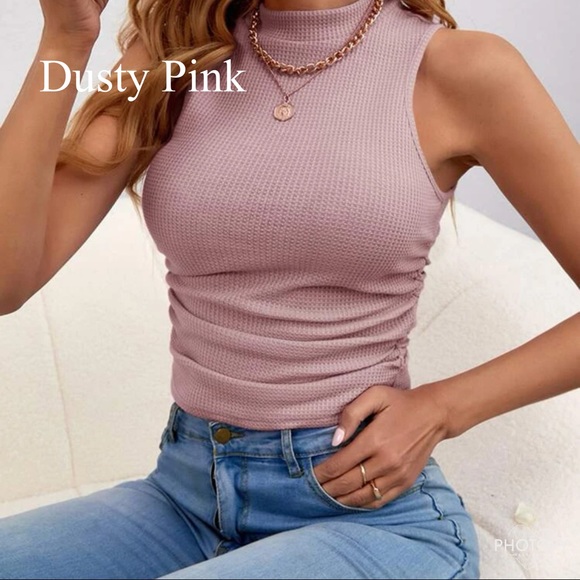 Casual Mock Neck Waffle Ruched sides Knit Tank Top - Picture 4 of 15